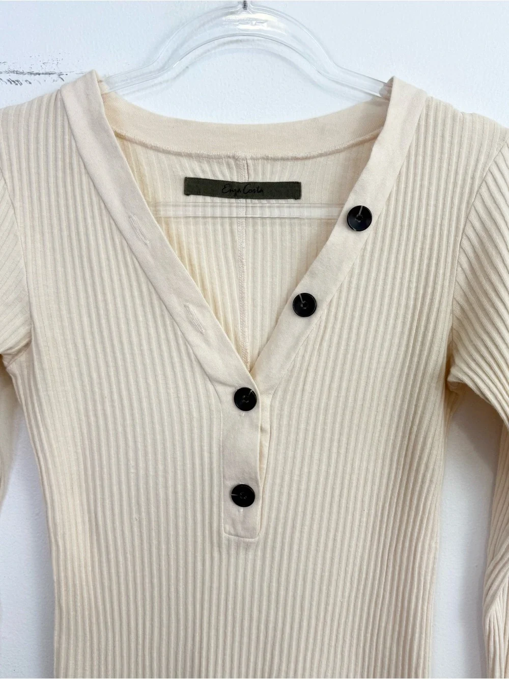 Enza Costa Ribbed Henley Top M Ivory Cotton Blend - Picture 3 of 6